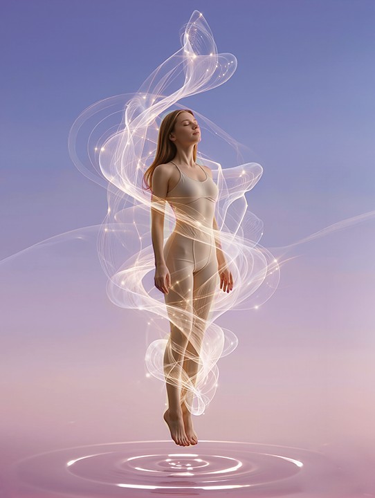 A glowing figure wrapped in light, standing above rippling water, representing energetic integration