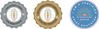 Energy Codes Certified Coach, Energy Codes Certified Master Trainer, and Certified Grief Educator badges